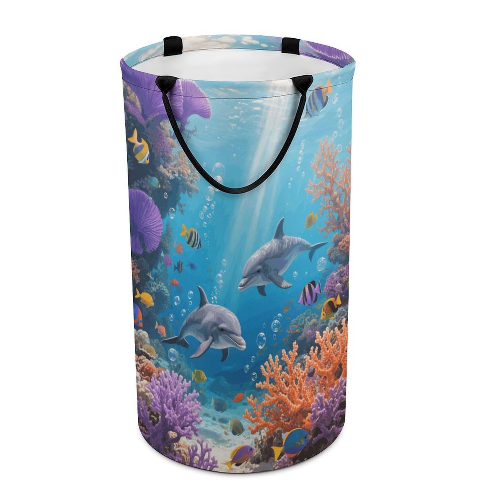 Dolphin Laundry Basket with Handles Large Collapsible Laundry Bag Freestanding Waterproof Clothes Hamper Decor Storage of Dirty Clothe for Family Bathroom 86L