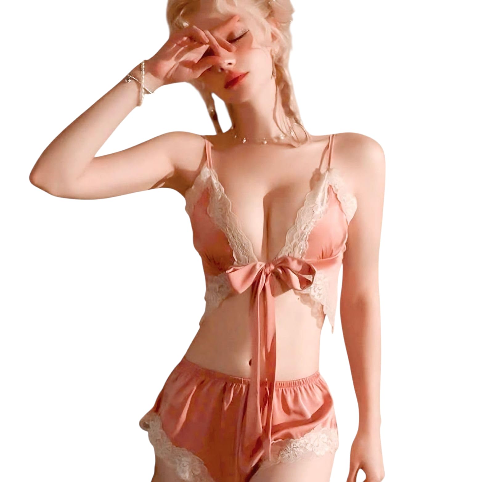 Women's Satin Pajama Set Lace Trim Tie Front Cami and Shorts Silky Pjs Set Sleepwear-image-7