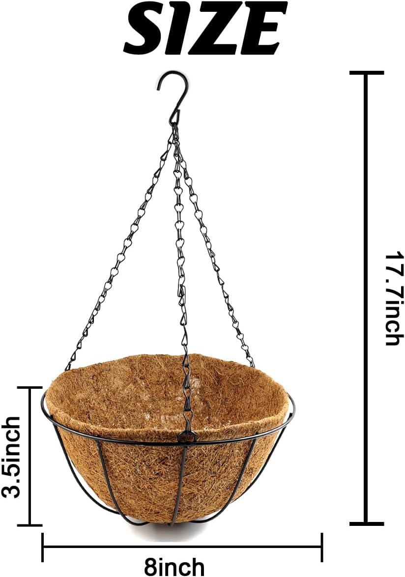 TIHOOD 2 Pack 8 inch Metal Hanging Baskets for Plants Outdoor, Wire Round Planters with Coco Coir Liner, Hanging Flower Baskets for Home Garden Porch Balcony Railings Decor image 2