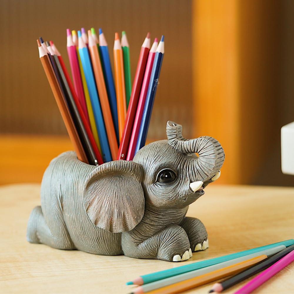 Porte-crayons éléphant Arola, organisateur de bureau et support pinceaux maquillage en résine
