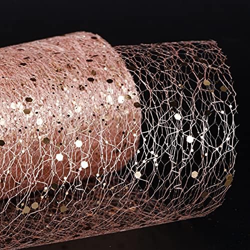 11.8 x 11Yards Sparkle Tulle Roll Glitter Sequin Tulle Fabric Roll Organza Tulle Roll Glitter Tulle Roll Fabric Ribbon for DIY Craft Wedding Décor Party Banquet Decoration Gift Wrap(Rose Gold)
