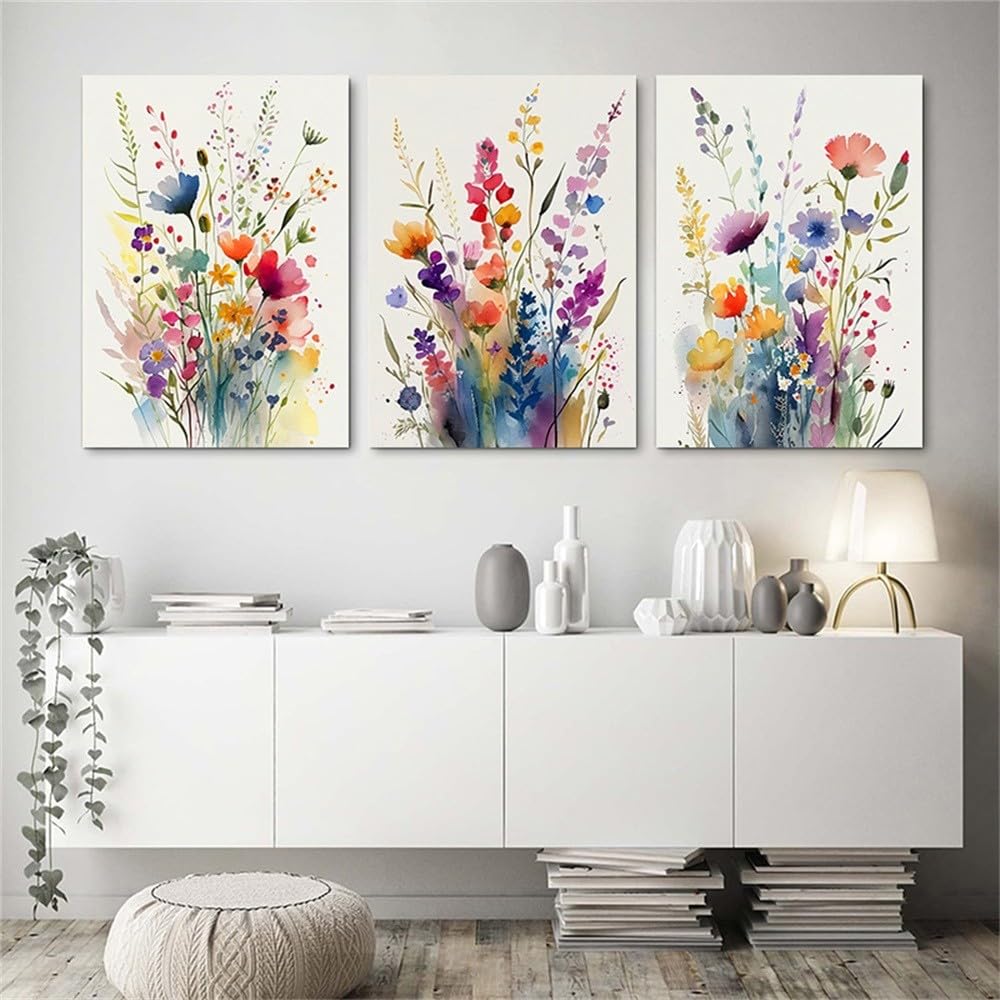Wbyzac Green Wall Pictures-Abstract Watercolor Flower Leaves Botanical Poster Wall Art Canvas Painting Wildflower Print Picture For Living Bedroom Kitchen Room Decor-30 * 50Cm*3Pcs (No Frame)