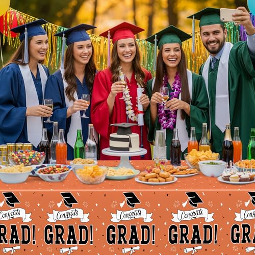 Image of 2Pcs 2026 Graduation Table cloths, 108 inch X 54 inch Orange Grad Party Decorations, Disposable Plastic Tablecover for Grad Decor Party Supplies, Rectangle Table Covers for Class 2026 Congrats Grad for kids