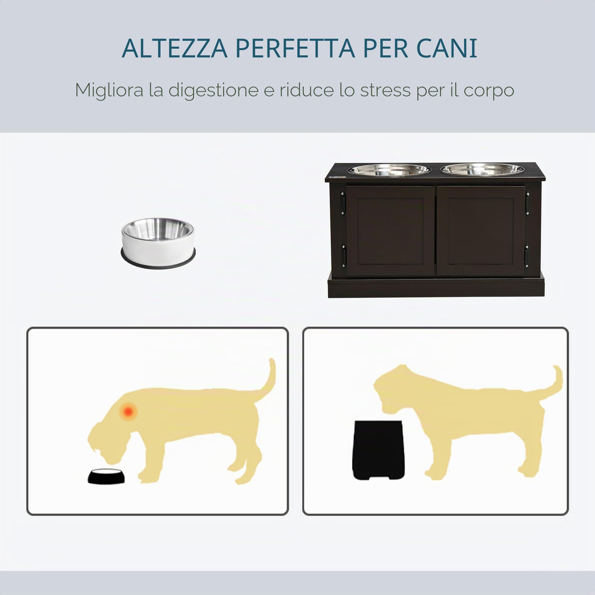 Ciotole per cani PawHut, stazione di alimentazione rialzata con 2 ciotole in acciaio inox, ciotola per l'acqua con spazio di archiviazione da 29,5 litri, ciotola per il cibo, supporto per ciotola per