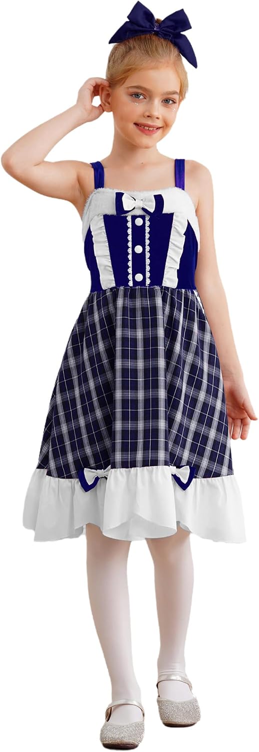 Kids Girls School Plaid Uniform Dress Wide Straps Medieval Pioneer Tutu Dancewear