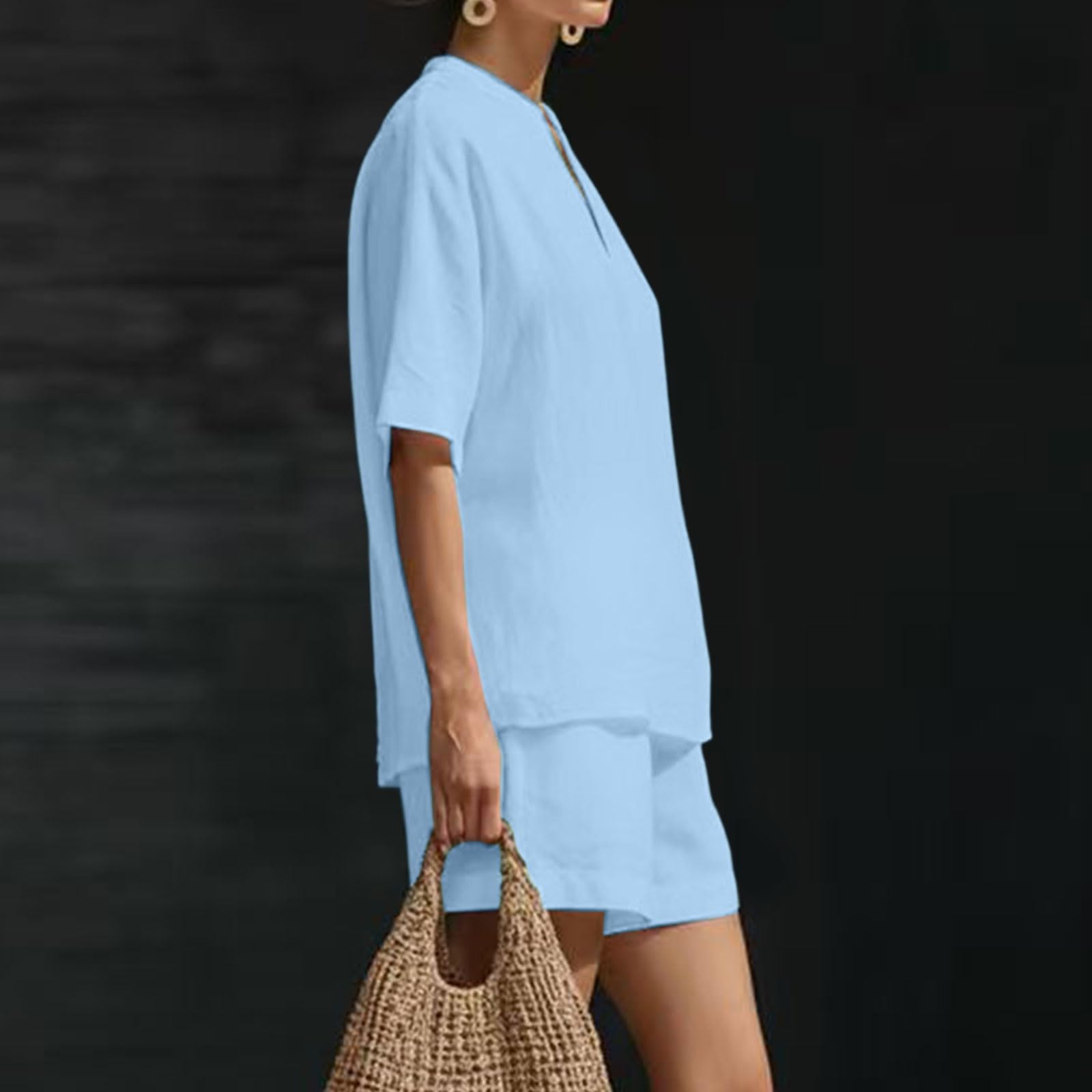 Zweiteiler Damen Sommer Leinenanzug Leinen Bluse und Kurze Hosen Einfarbig Sport Hosenanzug Elegant 2 Teilig Kurzarmshirt mit V-Ausschnitt und Shorts Lässiges Leinenanzug mit Taschen
