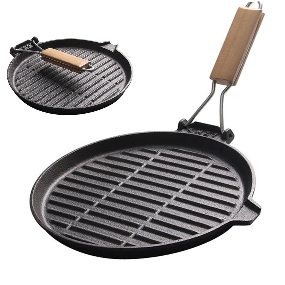 Bistecchiera in ghisa con manico pieghevole e superficie scanalata per bistecche, grigliare e cucinare in interni ed esterni, 24 cm