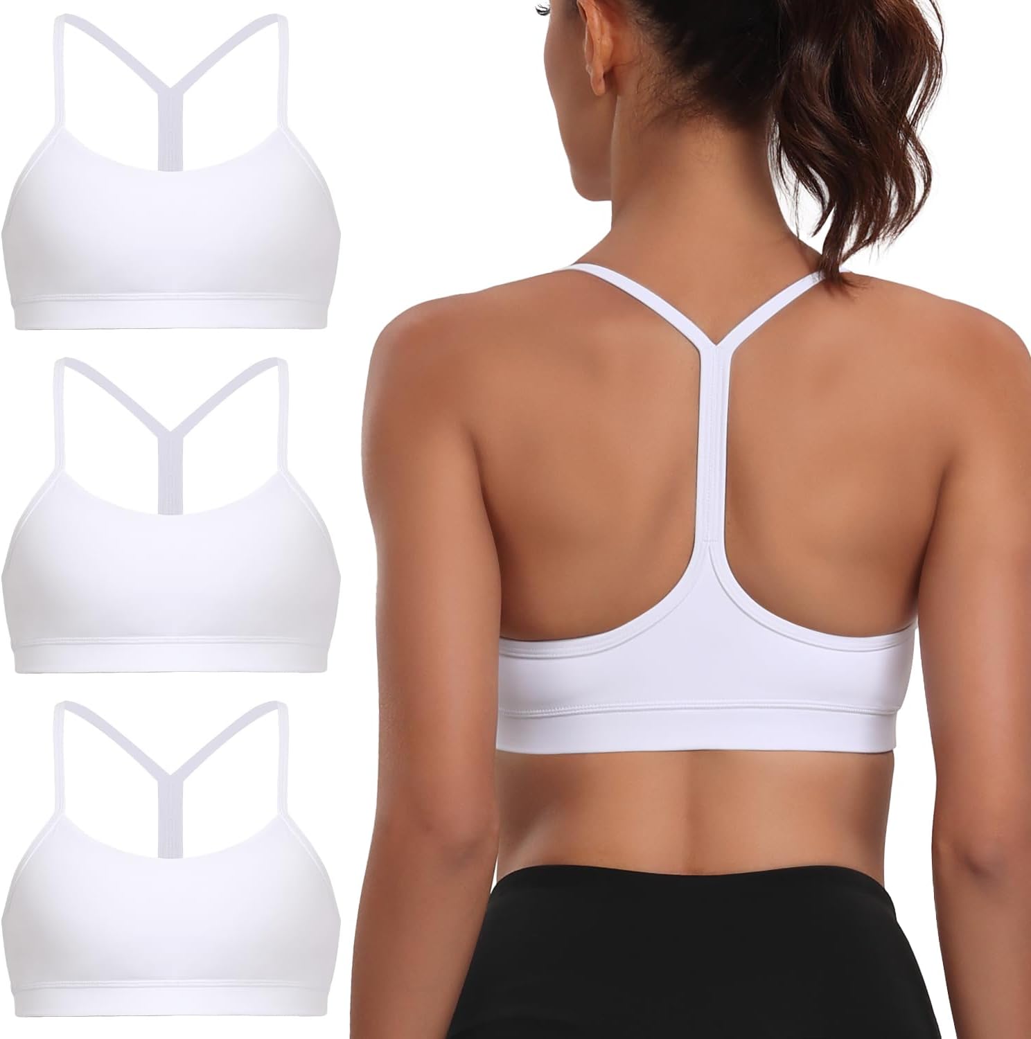 Women's 3-Pack Y-Back Sports Bra, Thin Spaghetti Strap Nylon Yoga Bra with Removable Cups, Light Support Bralettes