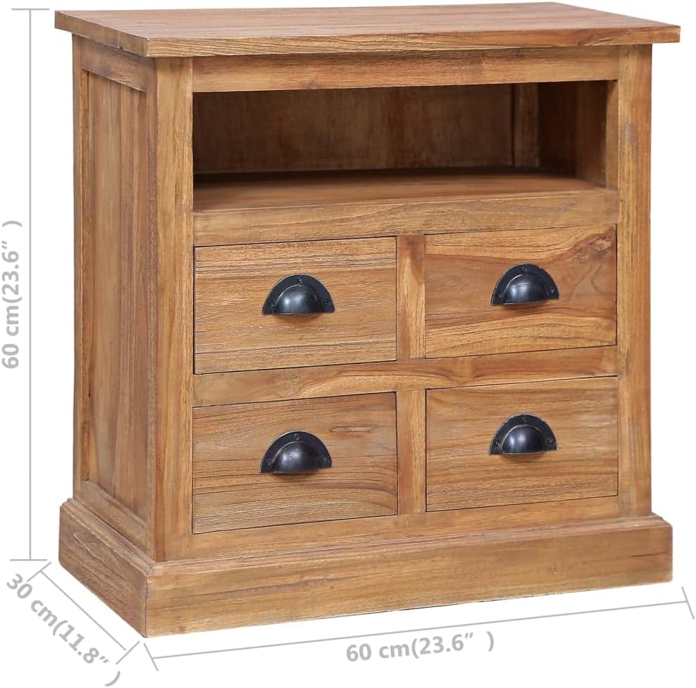 Colonial Style Solid Teak Side Cabinet with 4 Drawers and Built-in Shelves, Medium Size Storage Furniture for Living Room and Bedroom, Stained Finish and Dark Handles, 23.6