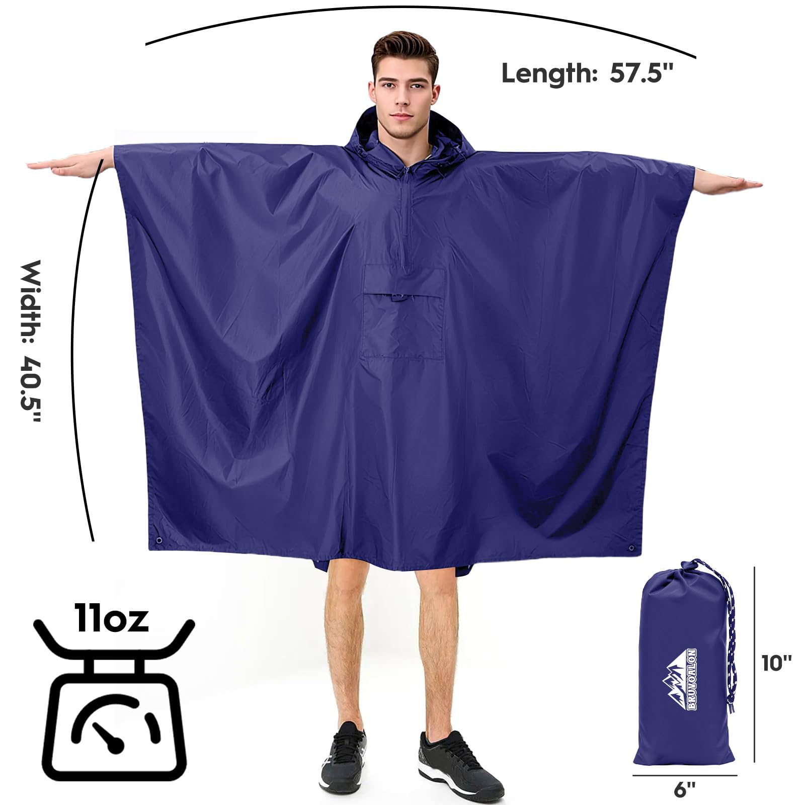 Bruvoalon 3-in-1-Regenponcho mit 1/4-Reißverschluss & Brusttasche, wasserdicht, Sonnenschutz, Bodenmatte für Erwachsene & Jugendliche, Notfall