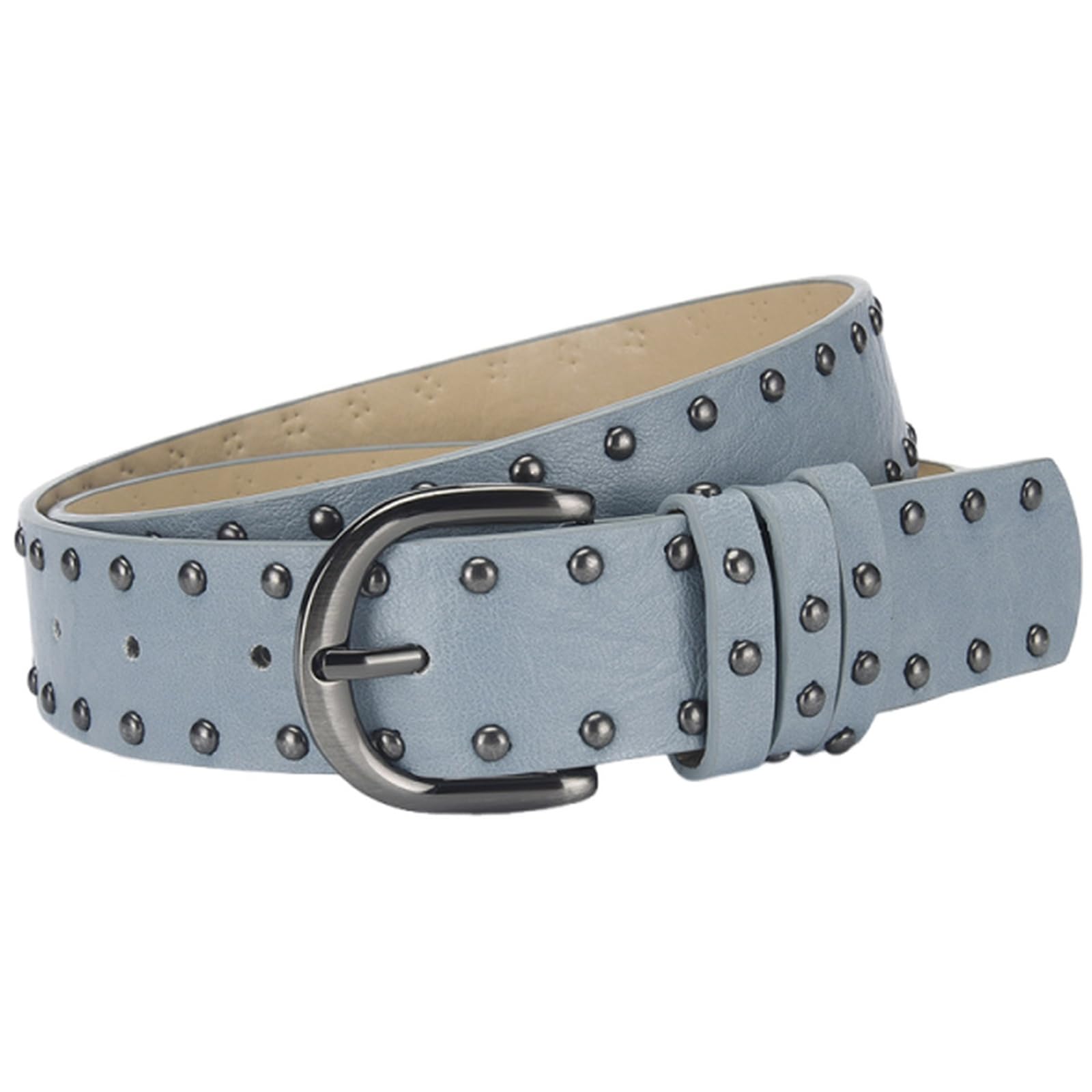AGUTALITHIC Punk-Rock Studded Belt for Women,Western 2 Row Round Rivet Gothic PU-Leather Strap 33mm for Jeans & Pants Outfits(105cm/41, Blue)