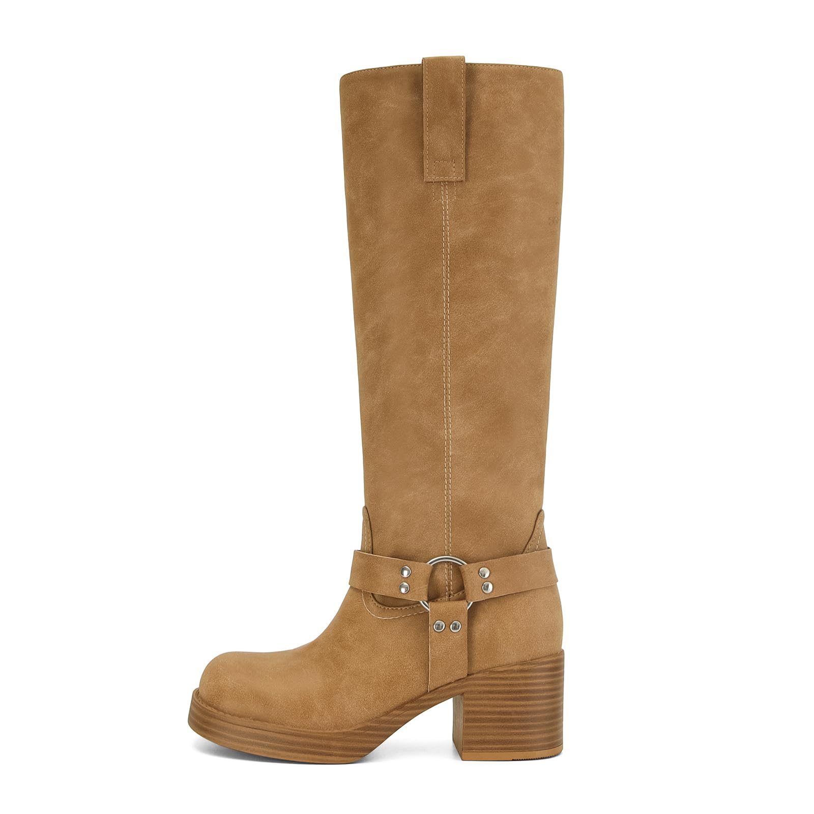 Dsevht Leather Knee High Chunky Platform Heeled Long Boots for Women Round Toe GoGo Riding Motocycle Boots