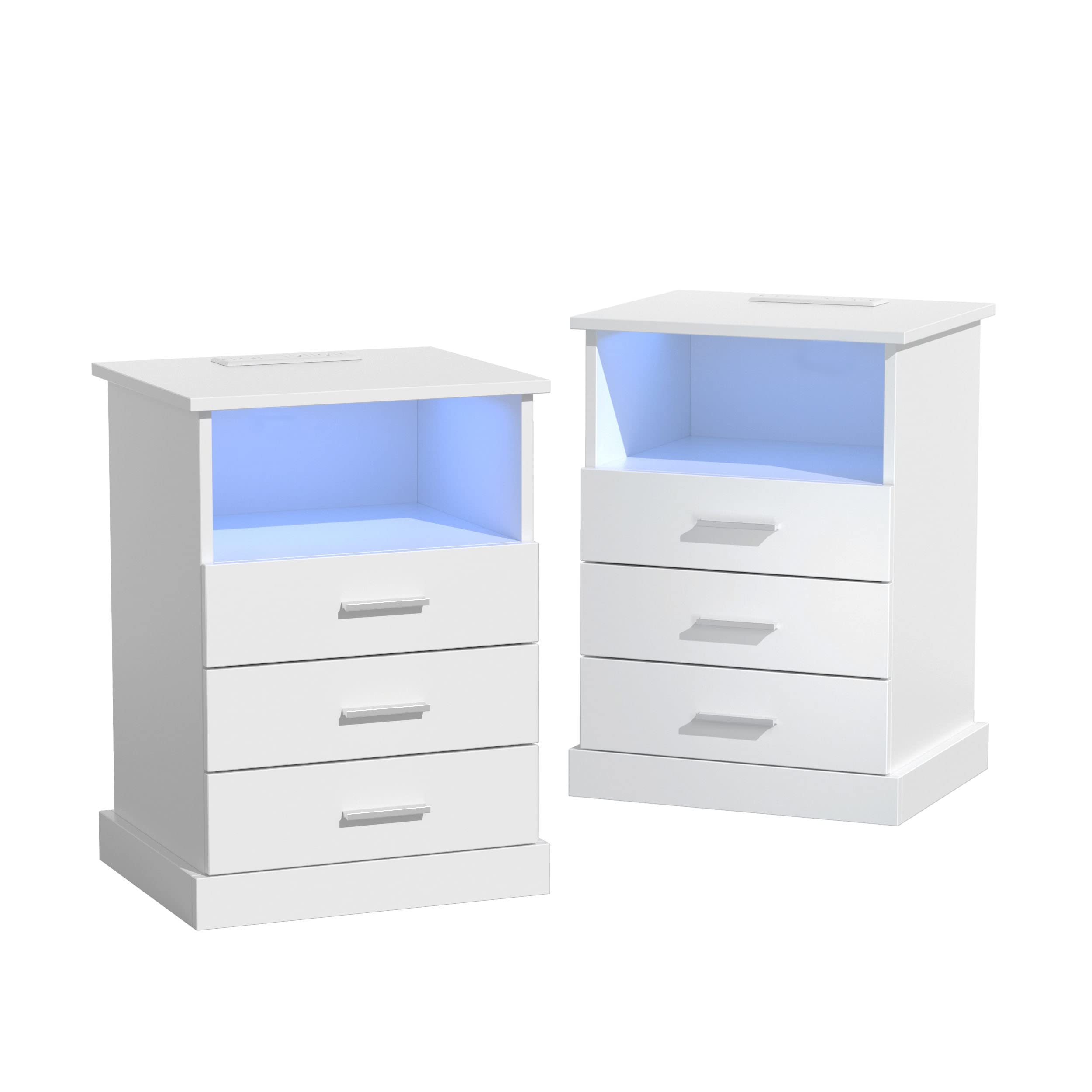 Nightstand with Charging Station, LED Lights Side Table with 3 Drawers, End Table for Bedroom Ofiice White 2 Set