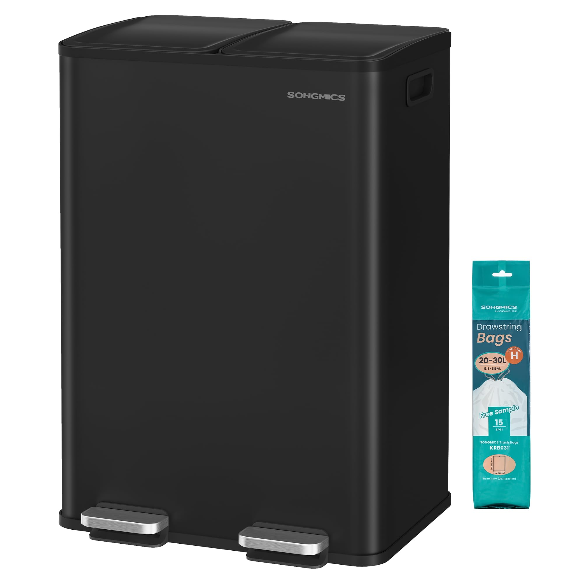 SONGMICS Mülleimer Küche, 2 x 30 Liter, 2 Fächer, Abfalleimer, Tretmülleimer, Küchenmülleimer mit Softclose-Deckel und Inneneimer, Stahl, inklusive 15 Müllbeutel, tintenschwarz LTB741B02