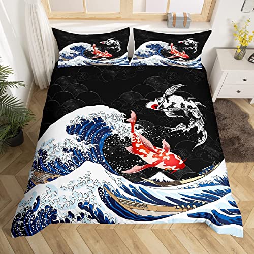 Loussiesd Japanese Ukiyoe Fish Duvet Cover Ocean Surfing Koi Toddler Bedding Set Kids Boys Japanese-Style Exotic Koi Animal Comforter Cover Exotic Style Bedspread Cover 3Pcs Double Size