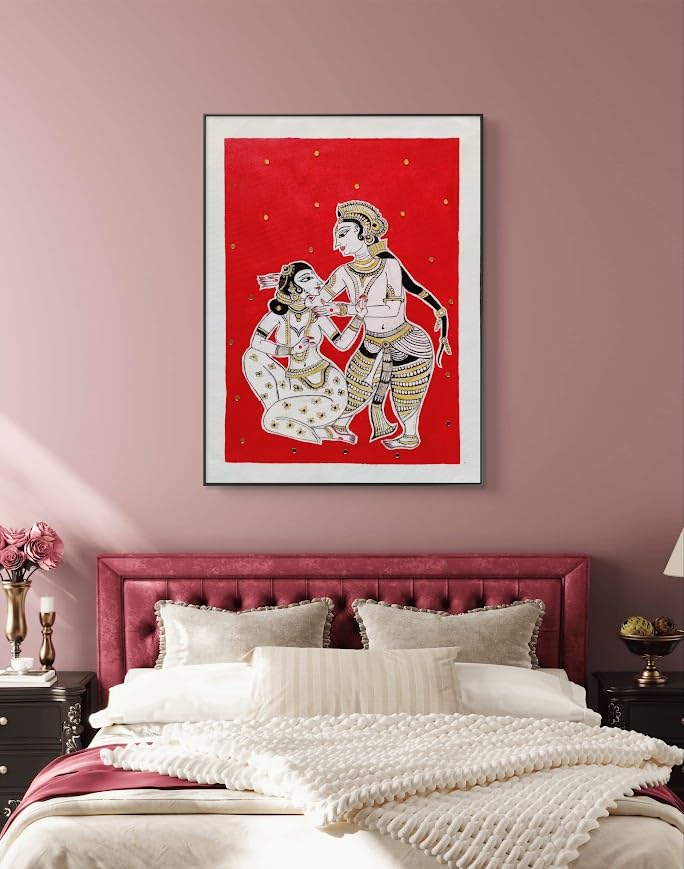 BHARAT ART BAZAAR | Handmade Painting of Radha Krishna in Red Background Adorned with Gold Mirrors | 12"x18"-picture-30