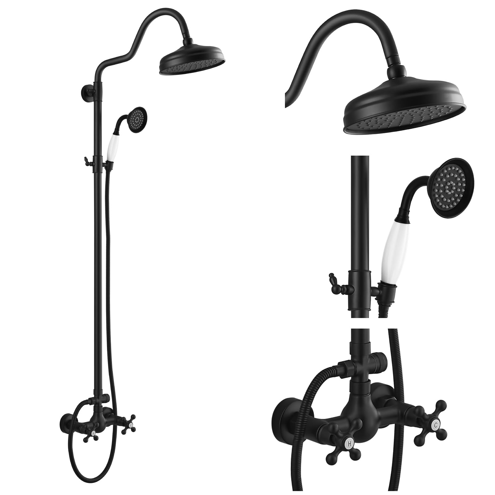 gotonovo Luxury Exposed Shower Faucet Set Bathroom Shower System 8 Inch Wall Mount Rainfall Shower Head with Handheld Spray Cross Double Handle Shower Fixture Adjustable Arc Rod Matte Black