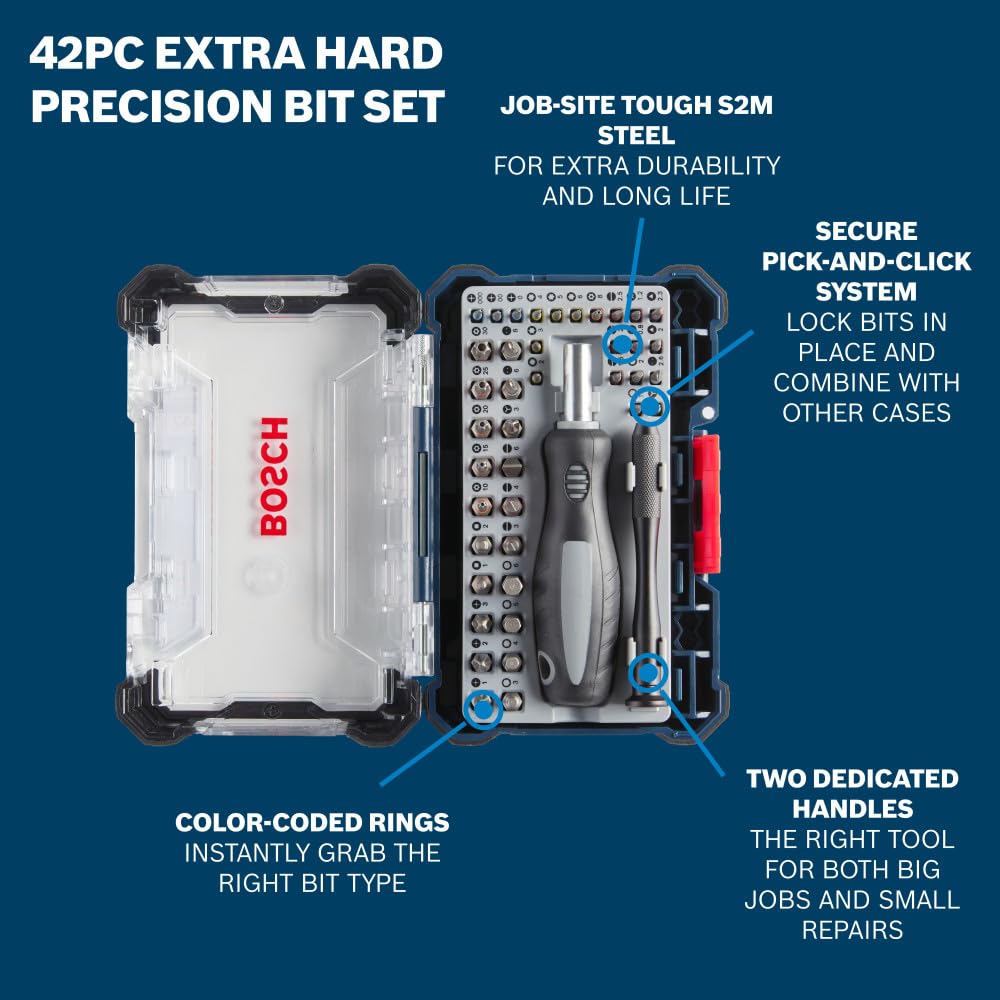 BOSCH PB4042 Lot de 42 embouts de tournevis de précision extra durs pour réparation standard et électronique | Comprend des embouts Phillips, Torx, hexagonaux et spéciaux avec deux poignées