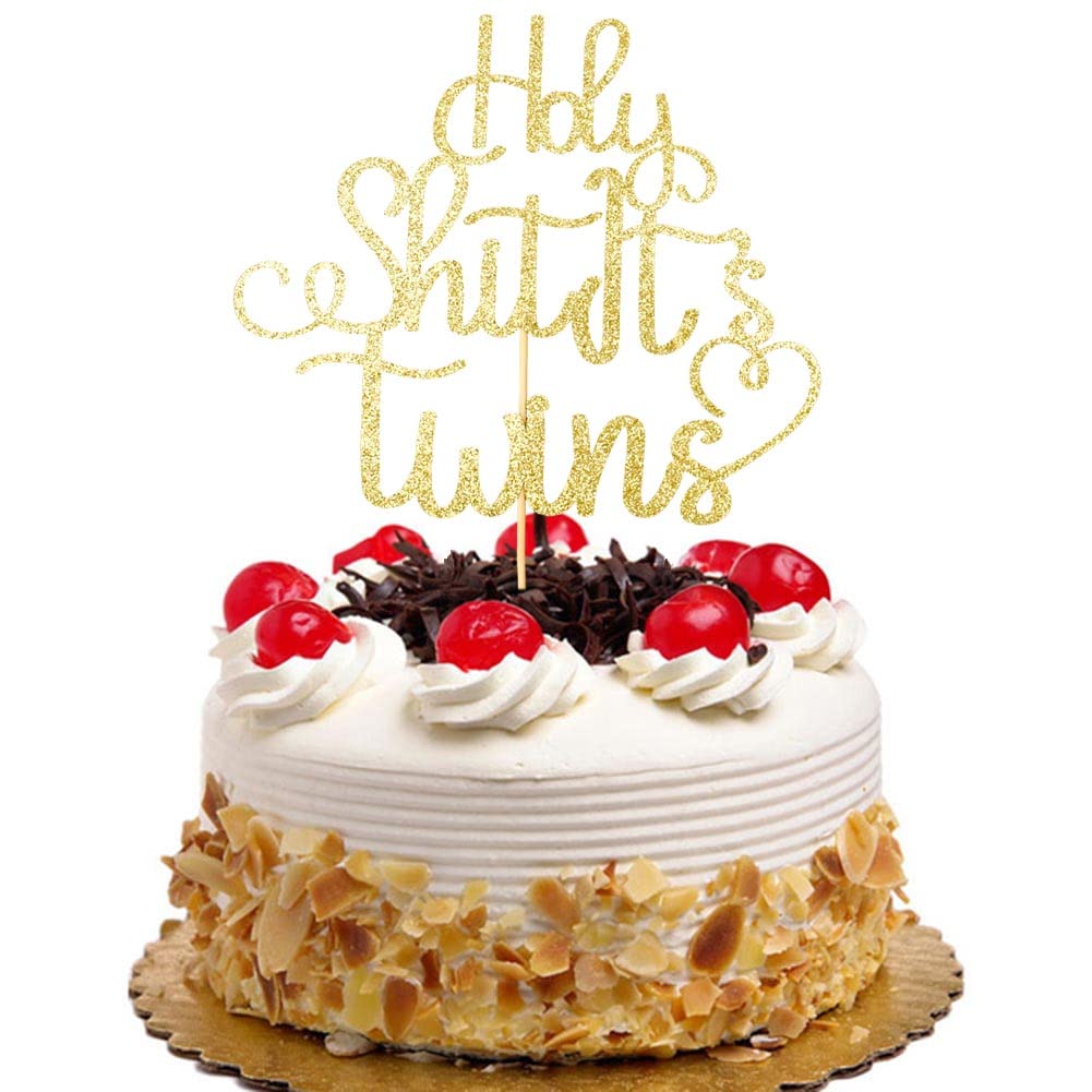 Holy Shit It's Twins Cake Topper, Twins Baby Shower/Gender Reveal Party Decorations, Twins 1st Birthday Party Decorations Supplies, Gold Glitter