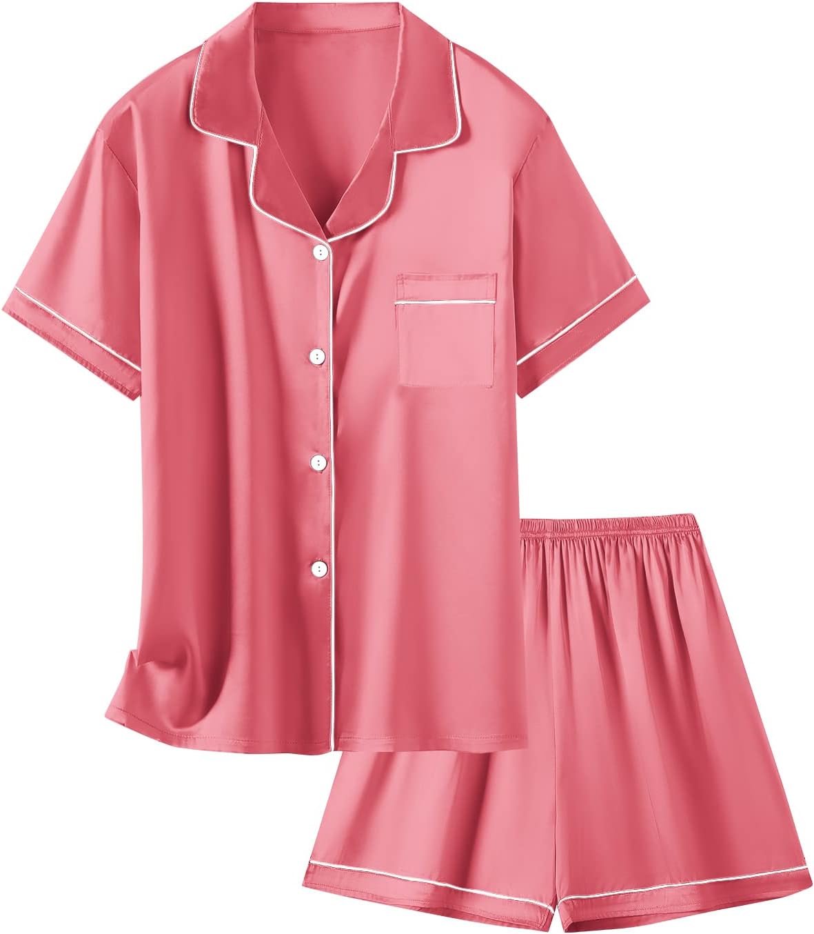 Schbbbta Girls Womens Silk Pajamas, 2 Pcs Satin Pjs Set Button Down Soft Short Sleeve Sleepwear