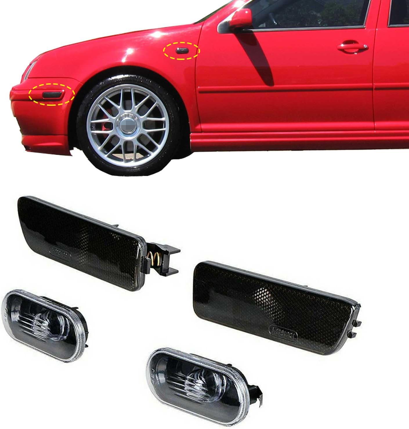 Fender Bumper Side Marker Light Fit for Volkswagen 1999-2005 VW Jetta MK4 1999-2003 Golf MK4 Black Base Clear Lens Amber Lamp Housings OE: 1J0 949 117 1J5 949 117 1JM 945 071 1JM 945 072 (1 Pair)