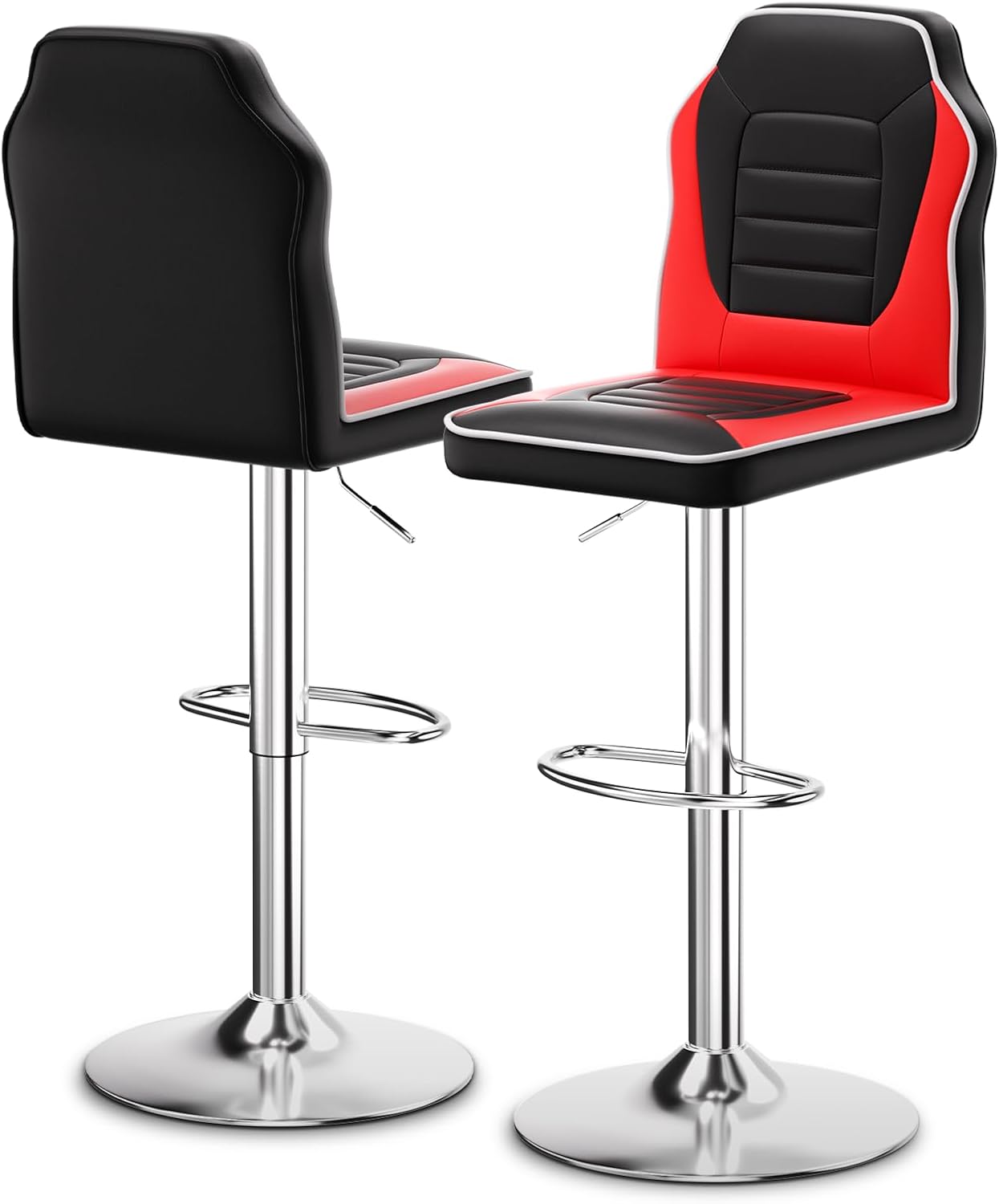 MoNiBloom Racing Style Bar Stools Set of 2, Height Adjustable PU Leather Barstools with Footrest, 360° Swivel High Backrest Bar Chairs for Kitchen Counter and Pub, Black-Red Blocking