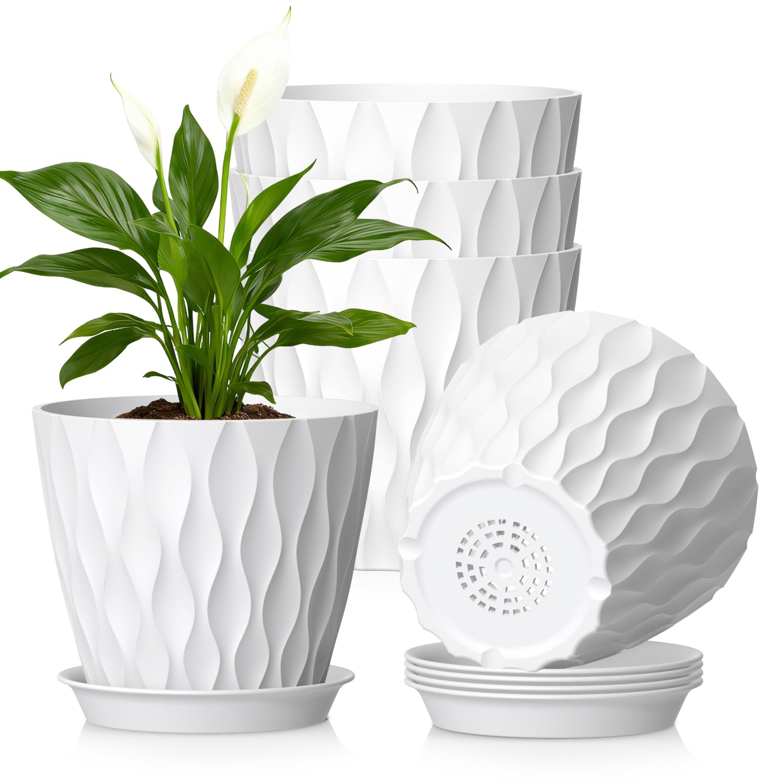 12.7 cm Indoor Plant Pot, 5 Pack Thick Plastic Flower Pots with Drainage Holes & Saucers, 3D Modern Wave Texture, Decorative Nursery Pots for Succulent, Cactus, Mint & Small House Plants, Black — view 15