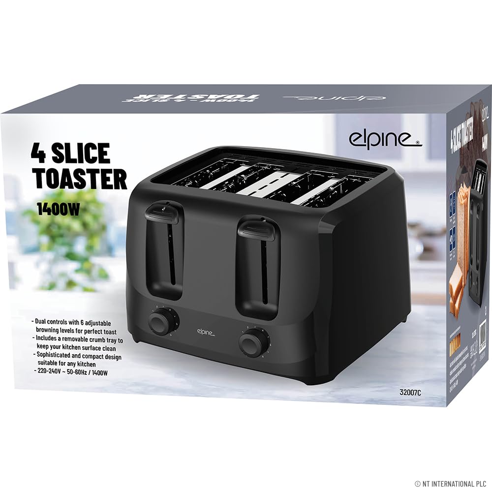1400w 4 Slice Electric Toaster - Four Slot Toast Bread Warmer Maker Tray Modern Kitchens | 6 Browning Levels, Removable Crumb Tray, Cool Touch Housing, Compact Design - Black