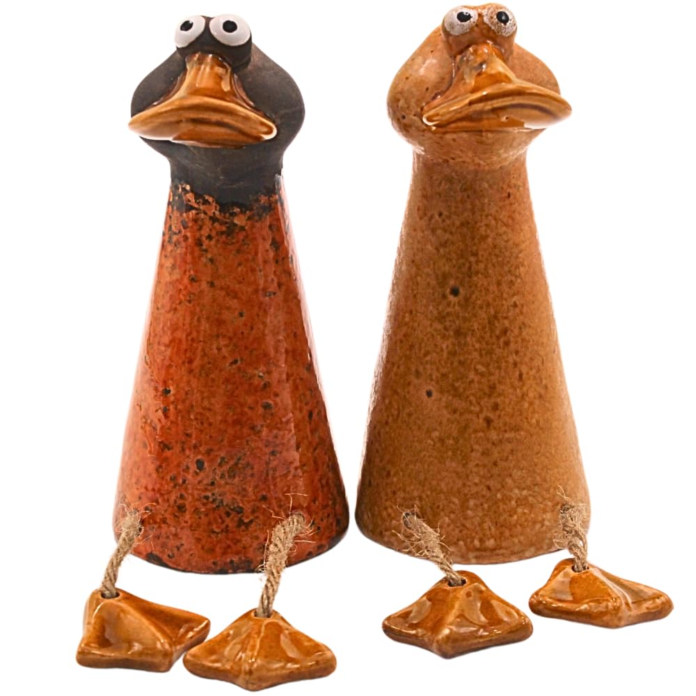 Canards décoratifs en céramique marron (lot de 2 figurines de jardin 10x9x17 cm)