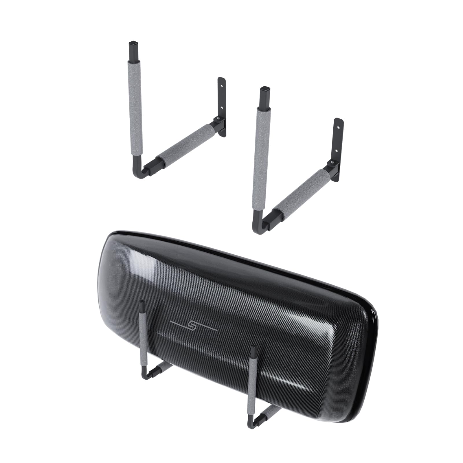 QLS Regulowany uchwyt na box dachowy 33–57 cm szary | Stal malowana proszkowo z pianką PE. Regulowana szerokość 33–57 cm, nośność ok. 40 kg