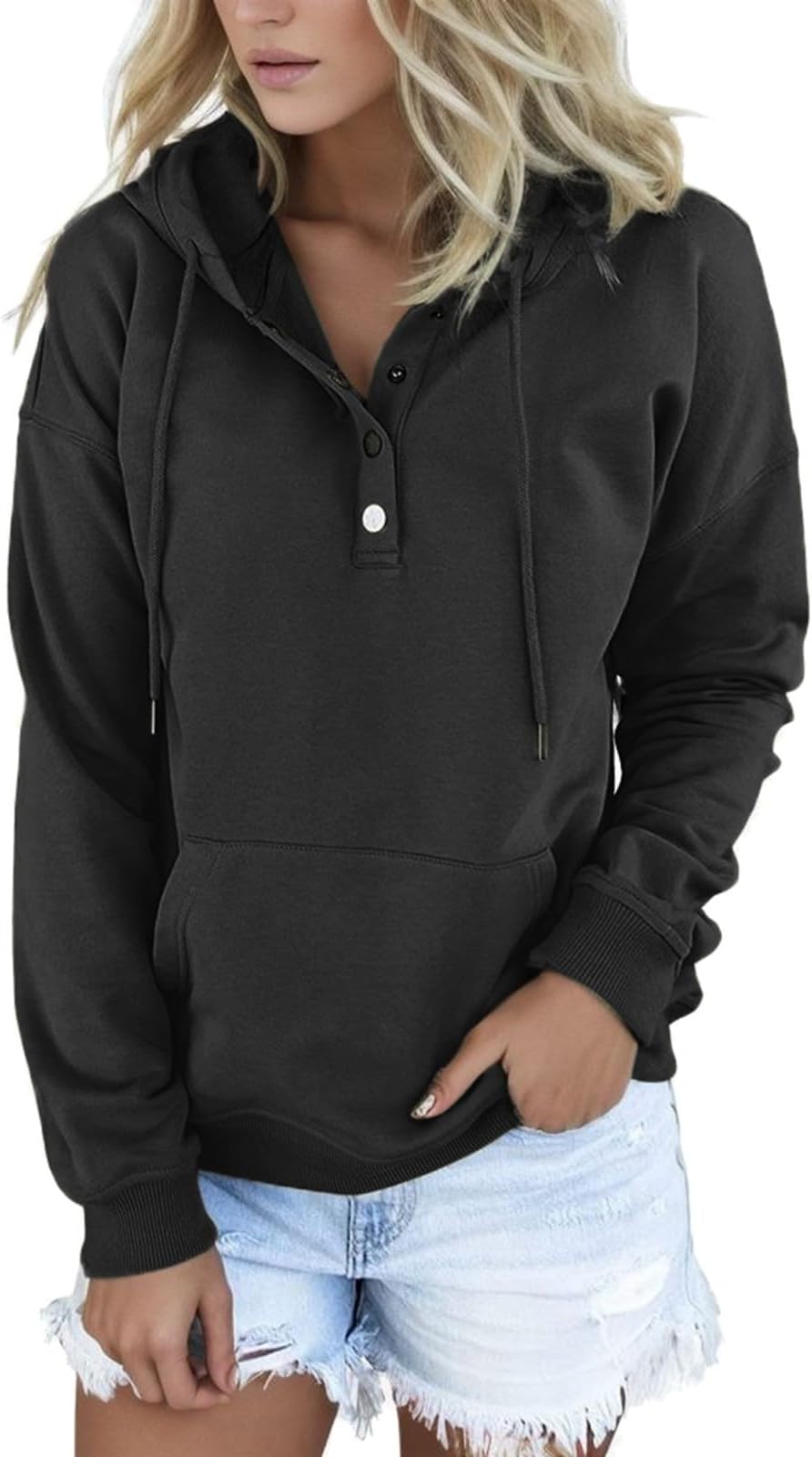 Women's Hoodie with Button Placket, Comfortable Plain Hooded Jacket with V-Neck and Front Pocket, Casual Warm Sweatshirt in Oversized Style for Everyday and Leisure