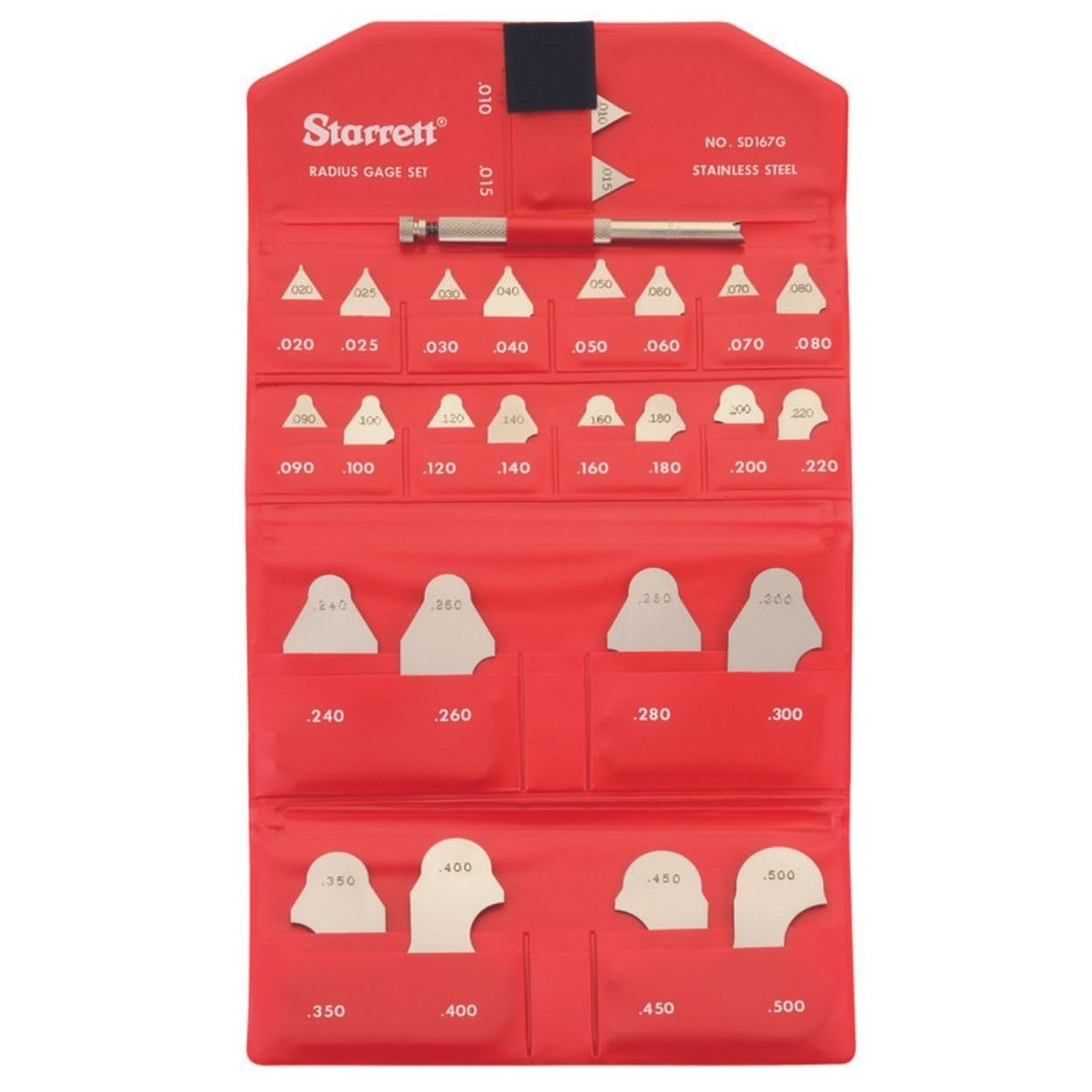 Starrett SD167GHZRadius - Calibre de radio con soporte, rango de 0,010 a 0,0500 pulgadas, incrementos de 0,005, 0,010 pulgadas, 0,020 pulgadas y 0,050 pulgadas, 26 calibres
