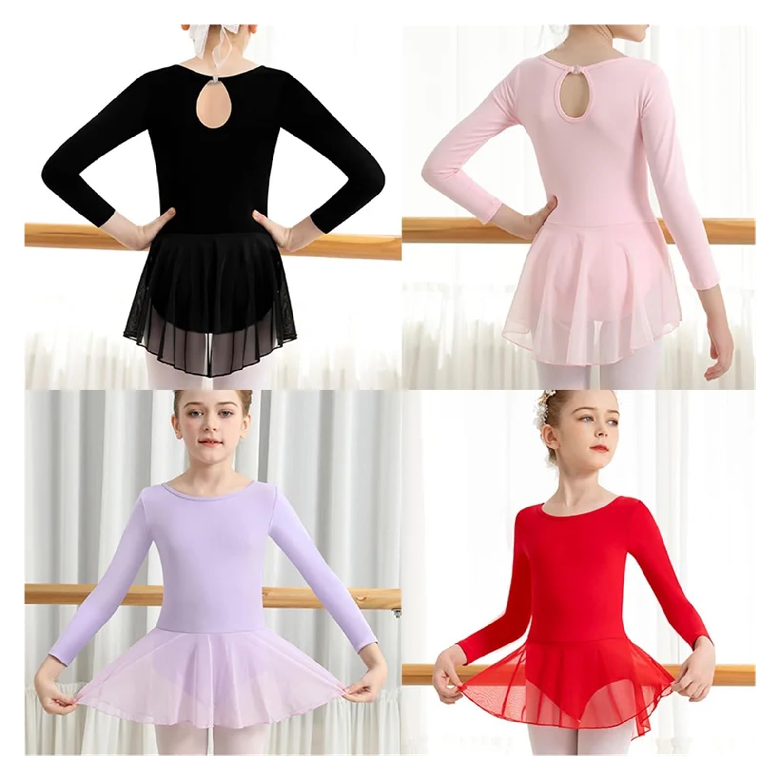 Vestido de Patinaje Artístico Maillot de ballet for niñas, vestido con falda, botón plegable, espalda hueca con gotas de agua y falda de malla.