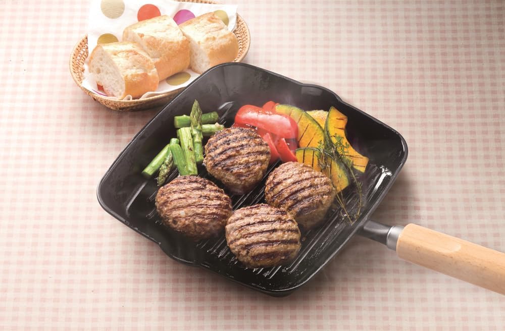 Ishigaki 4564 Cast Iron Grill Pan, Outdoor, Corrugated, Square Shape, Wooden Handle Handle, Induction Compatible