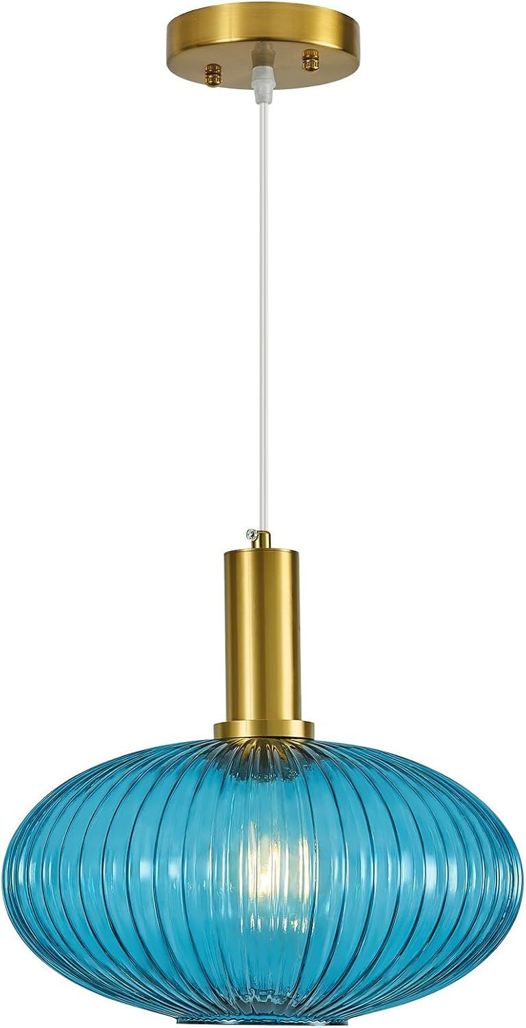 Mid Century Blue Glass Pendant Light Farmhouse Striped Glass Pendant Lights Kitchen Island Adjustable Hanging Light for Bedroom Dining Living Room(11.81 Inch)