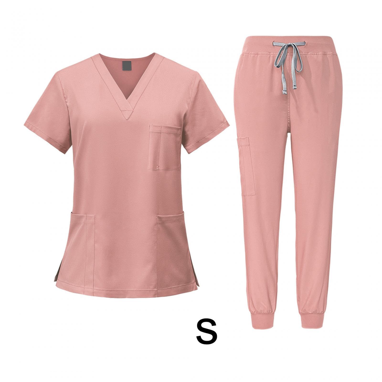 LOVIVER Female Scrub Set Nurse Workwear V Neckline Professional Machine Washable Top and Joggers Pant Work Clothing for Beauty Center, Pink, S