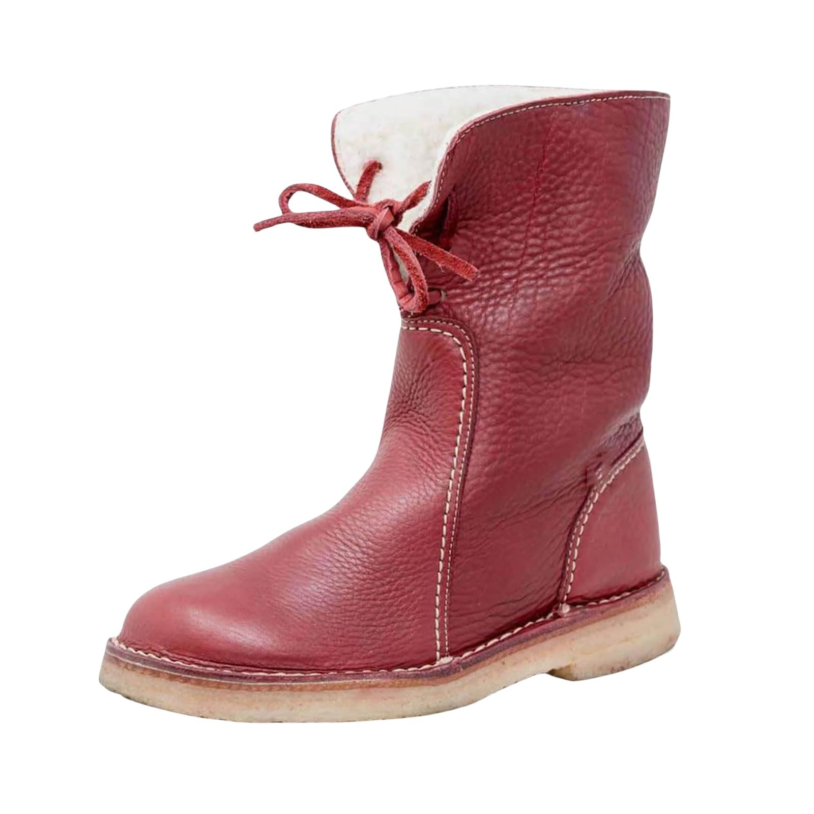 Winter Boots for Women Fashion PU Leather Low Heel Round Toe Boot Vintage Slip On Mid Calf Chunky