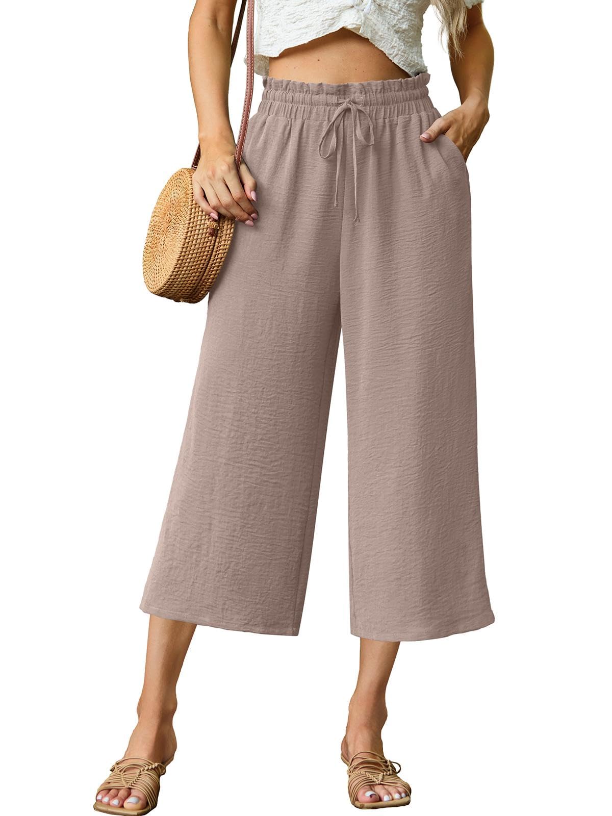 QIXING Pantaloni Capri da donna a 3/4, a vita alta, gamba larga, estivi, con tasche, coulisse regolabile