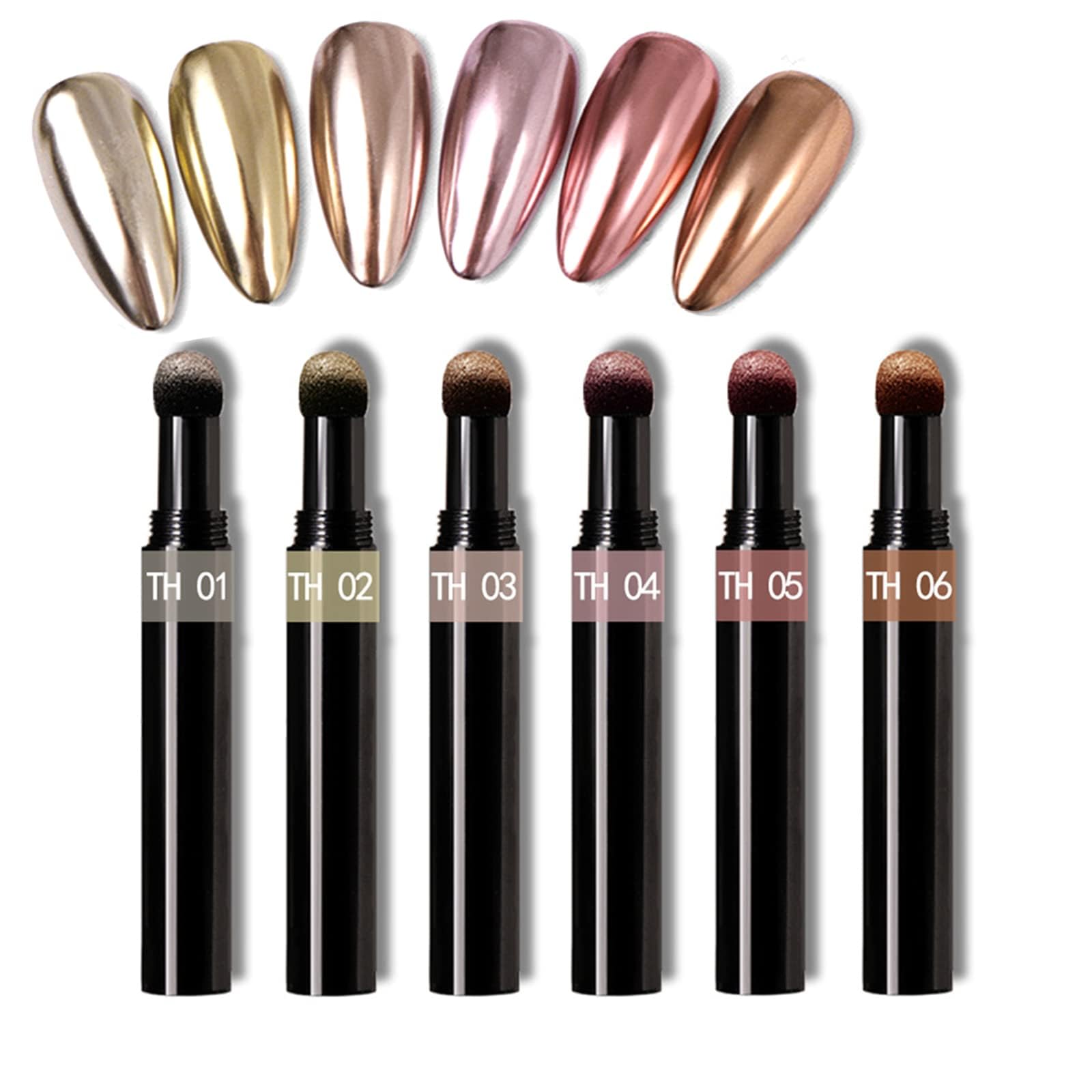 KIRA 6Pcs Chrome Nail Art Pigment Pen Set, Metallic Glitter Powder Air Cushion Pen With Magic Mirror Effect For Nail Art Design Decoration (Multicolor)-image-8