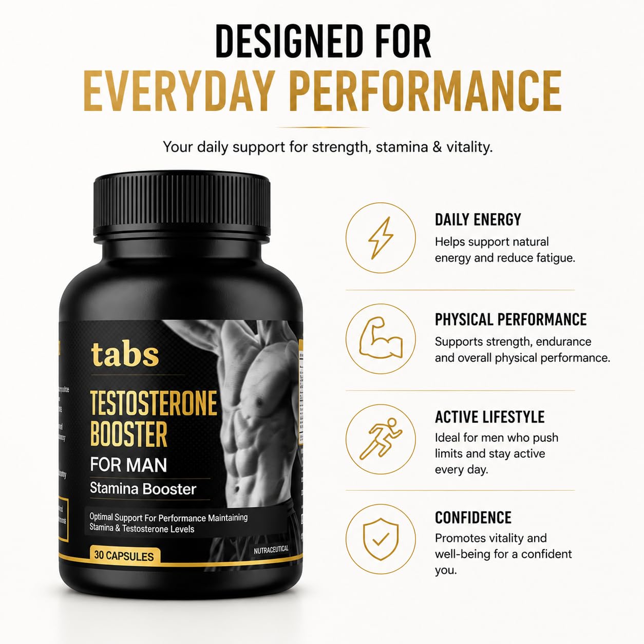 Tabs Testosterone Booster Capsules for Men | Ashwagandha, Gokshura, Safed Musli, Zinc, Vitamin D3 & L-Arginine | Daily Stamina, Strength & Vitality Support | 30 Capsules — Amazon image 3