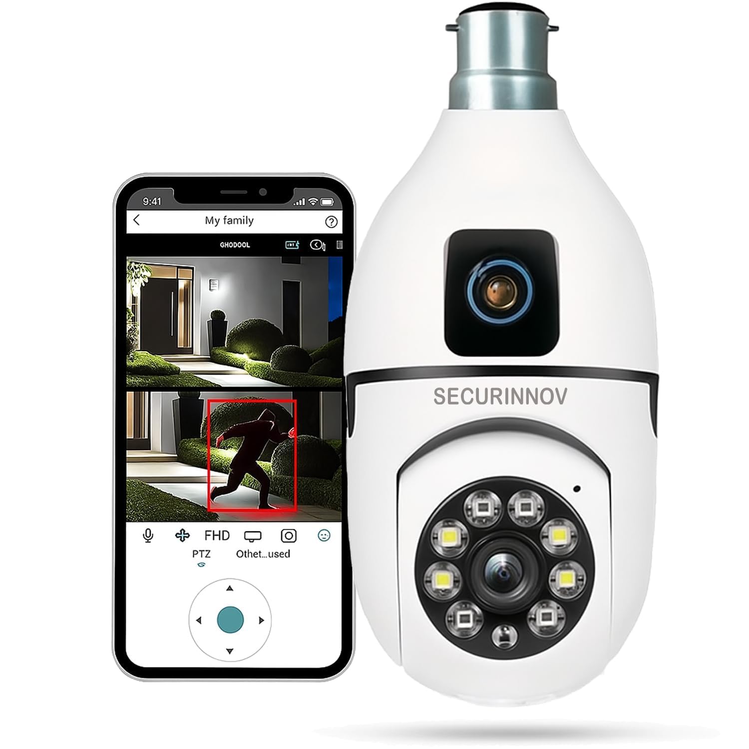 securinnov 4MP/8MP Dual Lens WiFi CCTV Camera for Home | 360° Pan Tilt | Night Vision | Motion Detection | Two Way Audio | Wireless Security Camera with Mobile App V380 Pro (Dual Lens Light Bulb)-image-40