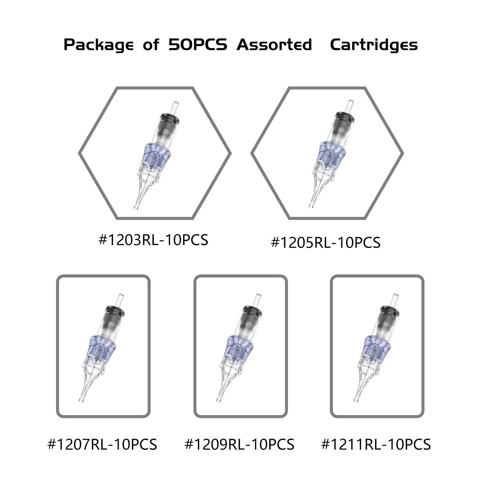 BRONC Assorted Tattoo Cartridge Needles 50pcs Mixed Tattoo Needle Cartridges Round Liner 0.35mm #12 Standard RL (3RL 5RL 7RL 9RL 11RL) for Rotary Tattoo Machine