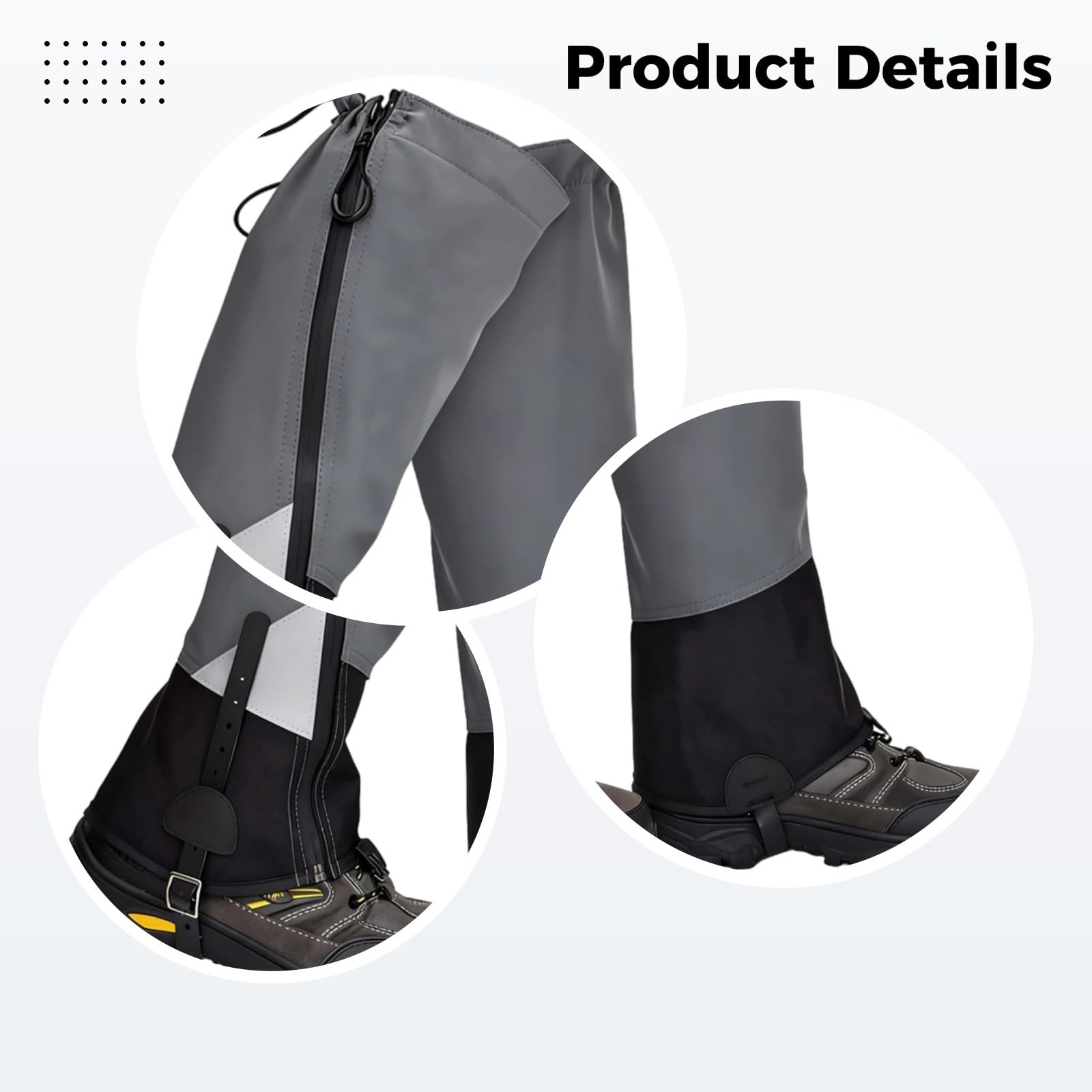 L - Polainas de senderismo para hombre, color negro y gris, de poliéster alto, impermeables, antideslizantes, con cremallera, reflectantes