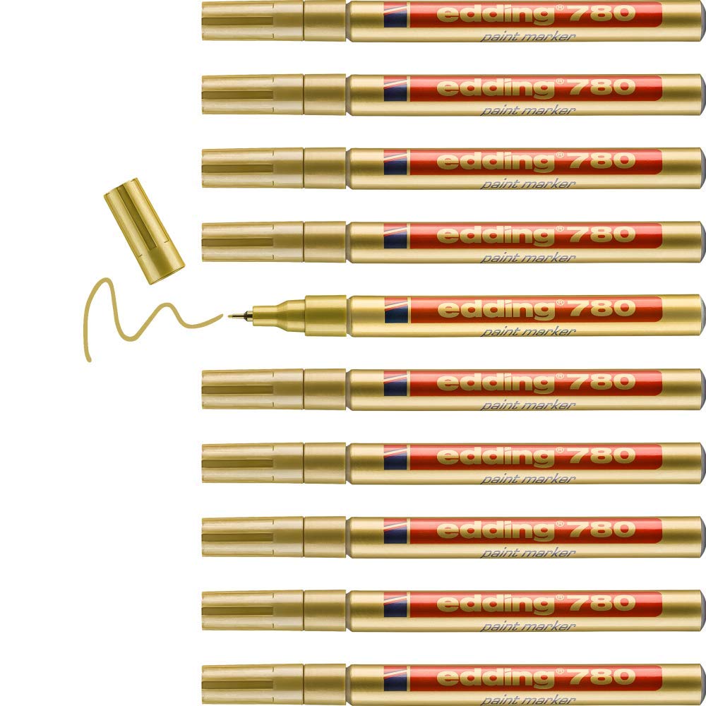 edding 780 marcador de tinta opaca - oro - 10 rotuladores - punta redonda 0,8 mm - para metal, vidrio, piedras o plástico - resistente al calor, permanente, no mancha, impermeable