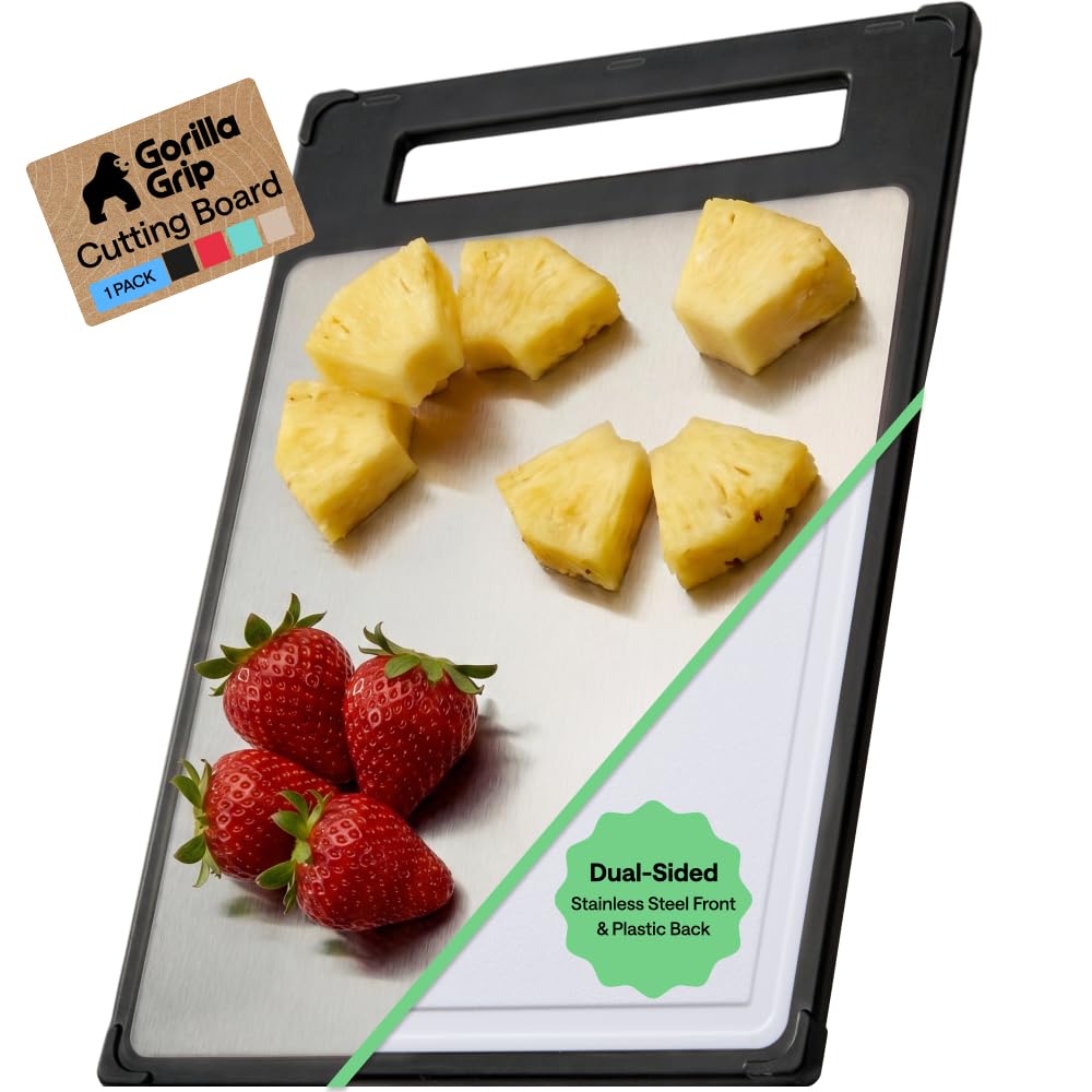 GORILLA GRIP 304 Stainless Steel and Plastic Cutting Board, 12x8, Black