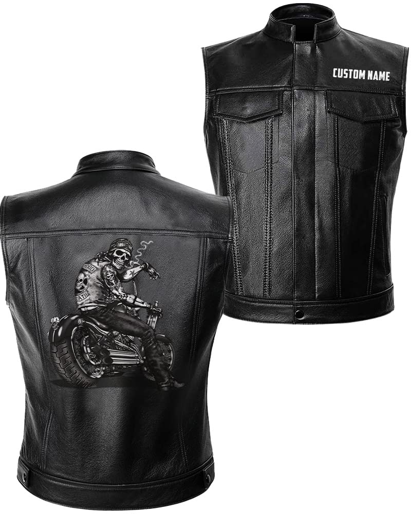 orealexpress Skull Sit on Bike and Smoke| Custom Name| Motorcycle Biker Leather Vest For Men|US Black L