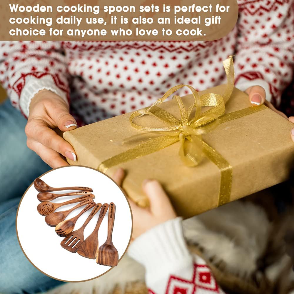 GUANKE Cucharas de madera para cocinar, juego de utensilios de cocina de madera de teca con soporte y soporte para cucharas, cucharas de madera lisa, utensilios de cocina antiadherentes, cucharas de