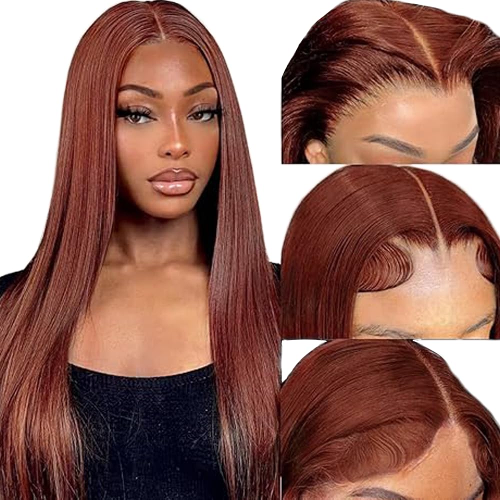 34 Inch Straight Glueless Wig capelli umani Real Human Hair Parrucca vera 5x5 Lace Front Human Hair Wig Reddish Brown 150% Density Pre Plucked Natural Hairline Parrucca donna vera