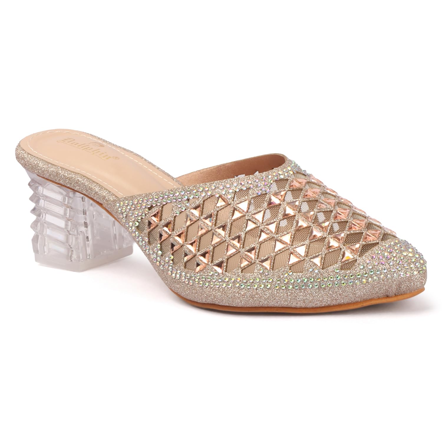 dollphin Women Champagne Crystal Studded Block Heel Mules Rhinestone Net DRN-31-picture-56