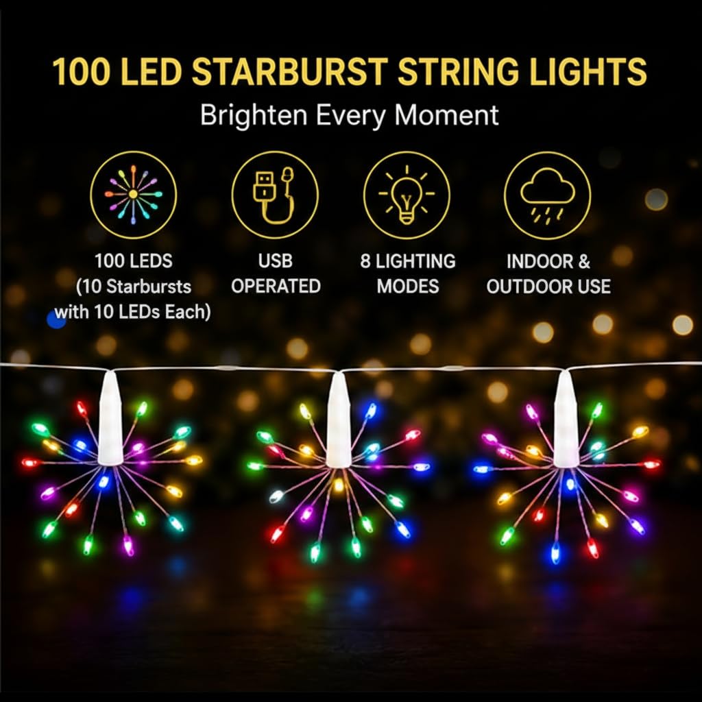 MIRADH Starburst Lights: 10ft Fairy String - Diwali, Christmas & More -5 MIRADH Starburst Lights: 10ft Fairy String - Diwali, Christmas & More -5
